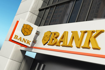 Bank signboard with fictitious logo on building exterior. 3D illustration