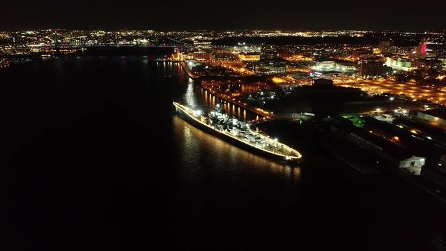 Aerial Video of Camden New Jersey Waterfront at Night