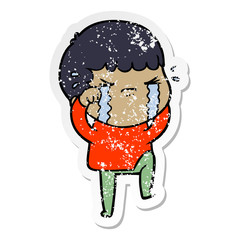 distressed sticker of a cartoon man crying