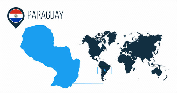 Paraguay map located on a world map with flag and map pointer or pin. Infographic map. Vector illustration isolated on white background.