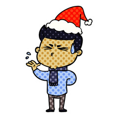 comic book style illustration of a man sweating wearing santa hat