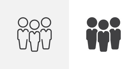 People, leadership icon. line and glyph version, Three people outline and filled vector sign. Team linear and full pictogram. Symbol, logo illustration. Different style icons set