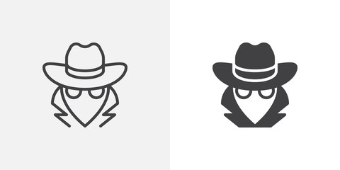 Spy, agent icon. line and glyph version, outline and filled vector sign. Detective with hat linear and full pictogram. Symbol, logo illustration. Different style icons set - obrazy, fototapety, plakaty