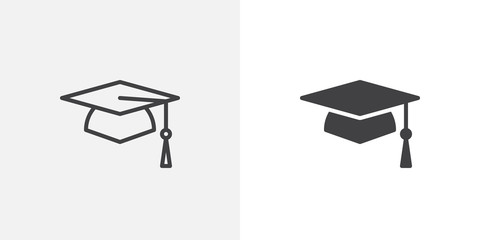 Graduation cap icon. line and glyph version, student hat outline and filled vector sign. Academic cap linear and full pictogram. Education symbol, logo illustration. Different style icons set - obrazy, fototapety, plakaty