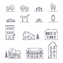 Fototapeta premium Vector city illustration in linear style. Icons and illustrations with buildings, houses and architecture signs. Ideal for business web publications, graphic design. Flat style vector illustration.