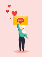Woman send love message. Illustration of a letter in flat style.