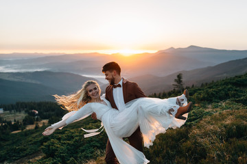The love story of girls and men. Walk on the mountain slopes.