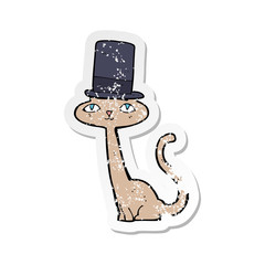 retro distressed sticker of a cartoon cat in top hat