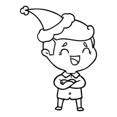 line drawing of a laughing man wearing santa hat