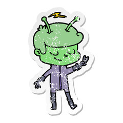 distressed sticker of a friendly cartoon spaceman