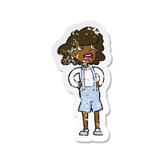 retro distressed sticker of a cartoon woman in dungarees
