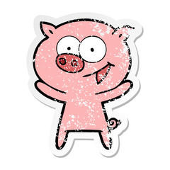 distressed sticker of a cheerful pig cartoon