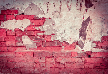 Old red brick wall texture background with cement building vintage style