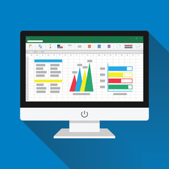 Spreadsheet on Computer screen flat icon. Financial accounting report concept. office things for planning and accounting, analysis, audit, project management, marketing, research vector illustration.
