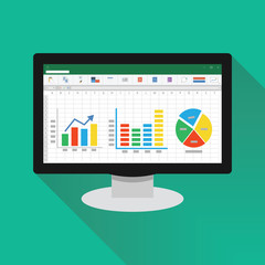 Spreadsheet on Computer screen flat icon. Financial accounting report concept. office things for planning and accounting, analysis, audit, project management, marketing, research vector illustration.