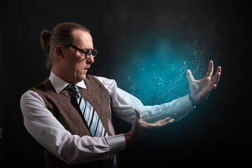 Funny nerd or geek showing on free space