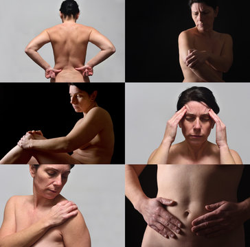 mosaic of a woman with pain in different parts of the body