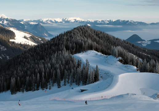 Alps near Fuegen at wintertime. Zillertal, Austria.