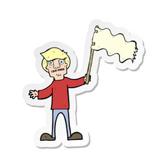 sticker of a cartoon man waving white flag