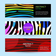Set of horizontal color banners with stripes rainbow. Black and white lines with colored circles. Universal template for a web site with text. Vector illustration.