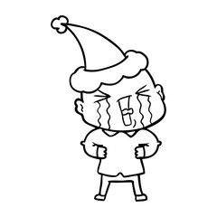 line drawing of a crying bald man wearing santa hat
