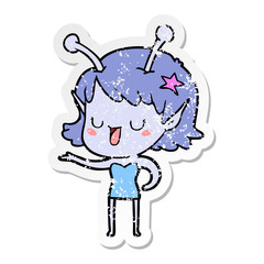 distressed sticker of a happy alien girl cartoon laughing