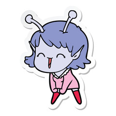 sticker of a cartoon alien girl laughing