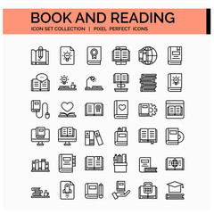 Book And Reading Icons Set. UI Pixel Perfect Well-crafted Vector Thin Line Icons. The illustrations are a vector.