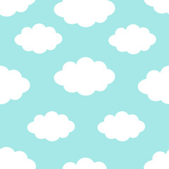 Seamless Pattern. Cloud in the sky. Cute cartoon kawaii funny baby kids decor. Wrapping paper, textile template. Nursery decoration. Blue background. Flat design