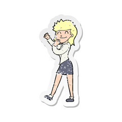 retro distressed sticker of a cartoon happy businesswoman