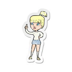 retro distressed sticker of a cartoon attractive girl with idea