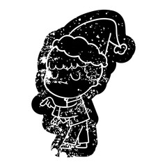 cartoon distressed icon of a grumpy boy wearing santa hat