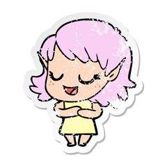 distressed sticker of a happy cartoon elf girl