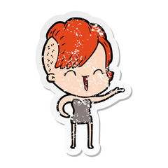 distressed sticker of a cartoon happy hipster girl