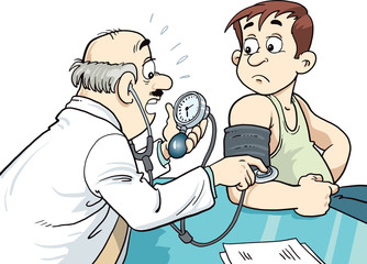 The doctor measures the pressure of the patient