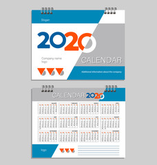 2020. Desk calendar template. Set of 12 months calendar. Planner. Week starts on Sunday. Stationery design. Advertisement. Business brochure.