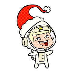 comic book style illustration of a laughing astronaut wearing santa hat