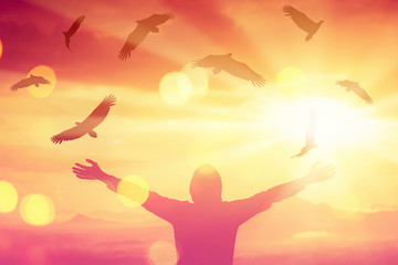 Fototapeta na wymiar Man raise hand up on top of mountain and sunset sky with eagle birds fly abstract background.