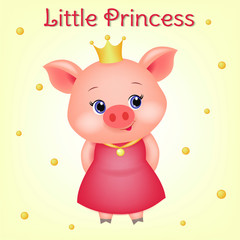 Cute avatar of a little pig princess with blue eyes. 3d animal with a crown in a red dress and a gold medal on a ribbon, cartoon character. Funny little piglet design, vector illustration