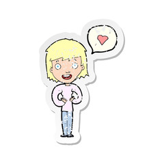 retro distressed sticker of a cartoon happy woman in love