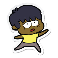 sticker of a cartoon exhausted boy