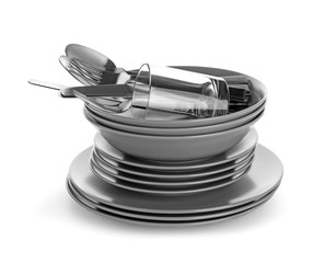 Set of clean tableware on white background