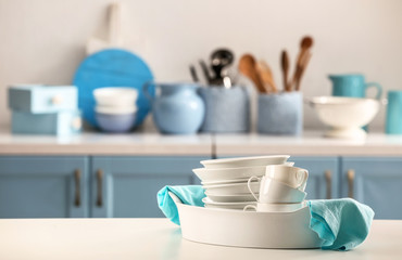 Set of dishware on kitchen table