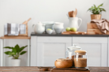 Fototapeta na wymiar Set of kitchenware on wooden table