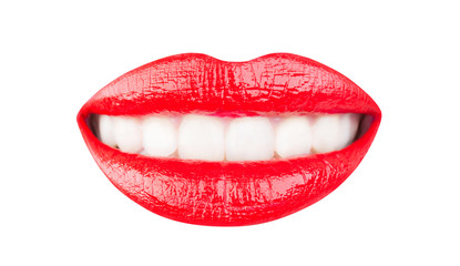 Obraz premium Red lips, beautiful makeup, sensual mouth, sexy lip, smile. Lipstick or lipgloss. Beauty sensual lips, beautiful lip, bright lipstick. Close up, macro with beautiful mouth, sensual makeup. Isolated.
