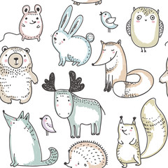 Vector seamless pattern with hand drawn wild forest animals,