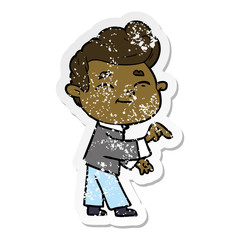 distressed sticker of a happy cartoon man pointing