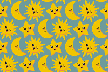 Fototapeta na wymiar Vector seamless pattern with cute smiling sun, moon, star.