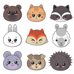 Vector collection of cute animal faces, big icon set for baby design