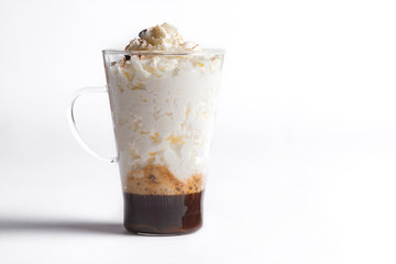 Irish coffee  with cinnamon.cold fresh ice coffee with cinnamon in white background